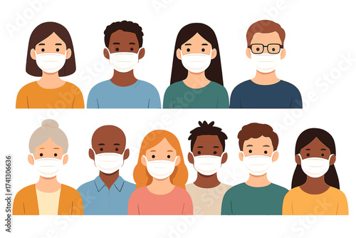 People in medical masks avatars set. Diverse men and women wearing protective face masks. Multiethnic group character portraits. Pandemic virus protection vector concept design.