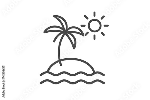 Tropical island with palm tree and sun vector line icon. Concept for summer vacation, holiday, travel and beach destination. Paradise isle in the ocean. Minimalist symbol.