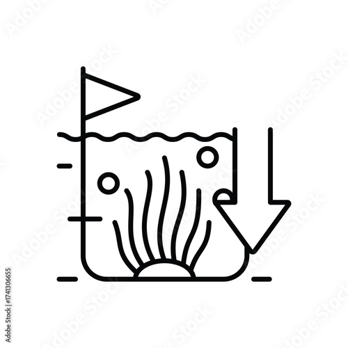 Outline shows level dropping in aquarium with plants and arrow indicating a water decrease
