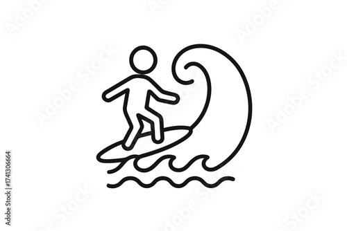 Surfer on surfboard riding ocean wave. Vector line icon. Simple pictogram for summer water sports, beach vacation and extreme activity. Surfing symbol isolated on transparent background.