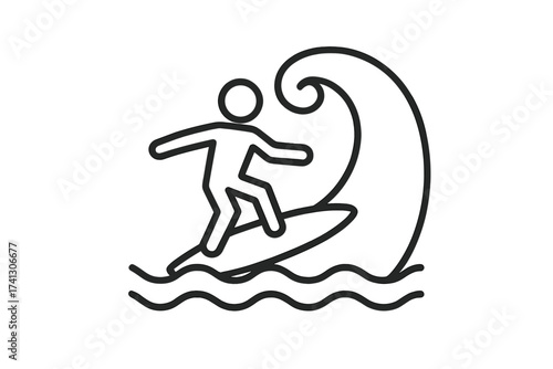 Surfer riding a big ocean wave on a surfboard. Vector thin line icon. Summer water sport and beach activity concept. Extreme surfing symbol for holiday and vacation design.