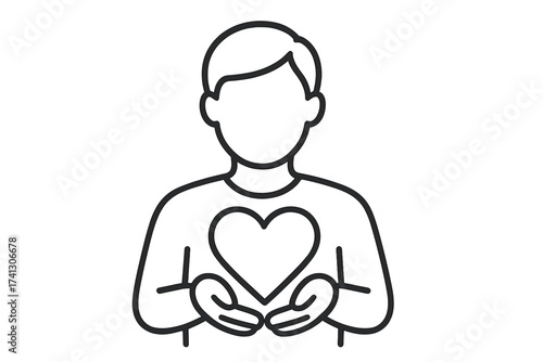 Person holding heart line icon. Symbol of charity, donation, volunteering. Concept for love, kindness, health care, support. Humanitarian aid, compassion, hope vector.
