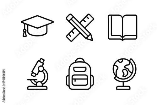 School and education thin line icon set. Graduation cap, textbook, microscope, globe, backpack icons. Learning and science symbols. Outline vector bundle for web and UI design.
