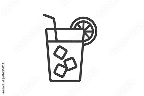 Summer cold drink thin line icon. Vector illustration of a glass with ice cubes, lemon slice, and straw. Refreshment concept. Juice, lemonade, cocktail, soda beverage symbol.