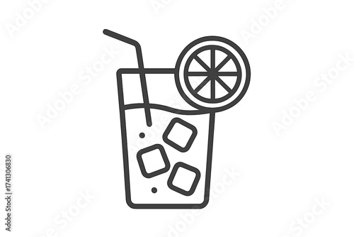 Summer cold drink thin line icon. Refreshing lemonade or juice with ice cubes, lemon slice, and straw. Vector outline graphic for bar menu, beverage and cocktail concept.