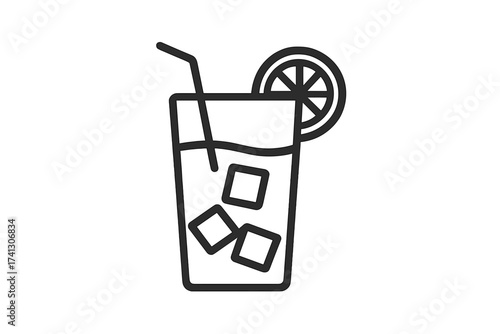Summer cold drink thin line icon. Vector illustration of a glass with ice cubes, lemon or orange slice and a straw. Refreshment, beverage, juice, lemonade, cocktail symbol.
