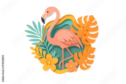 Paper cut flamingo with tropical flowers and palm leaves. 3D layered papercraft art. Summer exotic bird composition for sale banner, poster, web, card, invitation design.