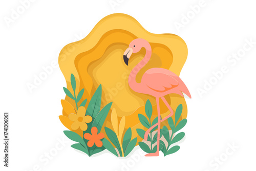 Summer sale background with flamingo in paper art style. Tropical jungle leaves and flowers in a 3D layered papercut design for e-commerce, online shopping, banners, posters.