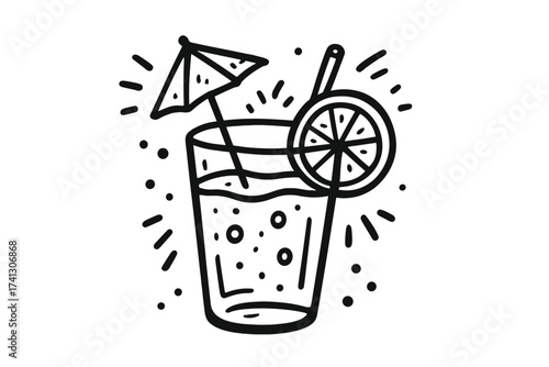 Summer cocktail doodle. Hand-drawn vector line art of a refreshing drink with citrus slice and umbrella. Fresh lemonade icon for bar menu. Party beverage sketch illustration.