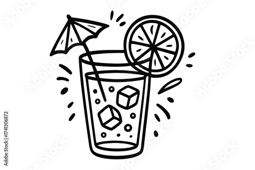 Hand drawn summer cocktail doodle. Vector line art icon of a fresh cold drink with ice cubes, citrus slice and umbrella. Concept for lemonade, juice, beach bar menu, vacation.
