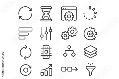 Data processing and workflow automation line icon set. Vector symbols for sync, loading, settings, analysis, filter, diagram, and growth. Simple linear pictograms with editable stroke.