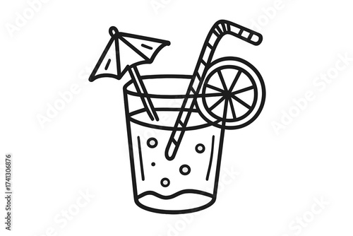 Summer drink doodle vector illustration. Fresh cocktail with umbrella and citrus slice. Hand drawn sketch icon. Party, vacation, refreshment concept. Lemonade, juice, soda pop.