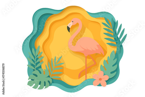 Summer sale background with pink flamingo in paper art style. Tropical jungle leaves for e-commerce, online shopping banners, posters, and flyers. Exotic bird vector illustration.