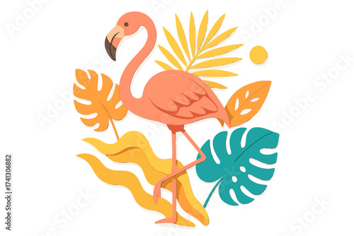 Pink flamingo in paper cut craft style with tropical leaves. Exotic bird and jungle plant vector illustration. Summer design for poster, card. 3D layered paper art style.