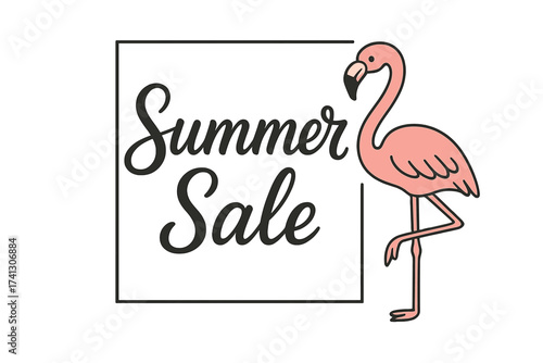 Summer sale banner with cute pink flamingo. Vector calligraphy for e-commerce, online shopping. Exotic bird in thin frame. Ad for retail promotion, discount offer, social media.