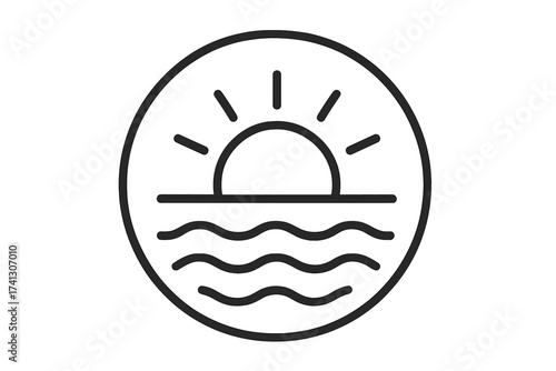 Minimalist sunset over the sea icon, vector thin line illustration with sun, ocean waves, horizon, and transparent background for design and nature concepts
