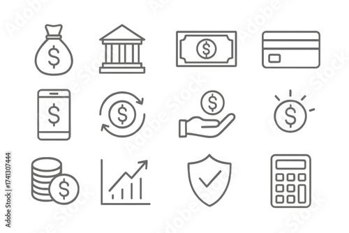 Thin line banking and finance icons set, vector illustration with transparent background, money symbols, bank, credit card, mobile payment, investment growth, security and calculator