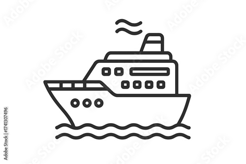 Vector cruise ship icon, thin line boat illustration for vacation, summer holidays, ocean travel, touristic activities, marine transport, seafaring vessel, travel and leisure design