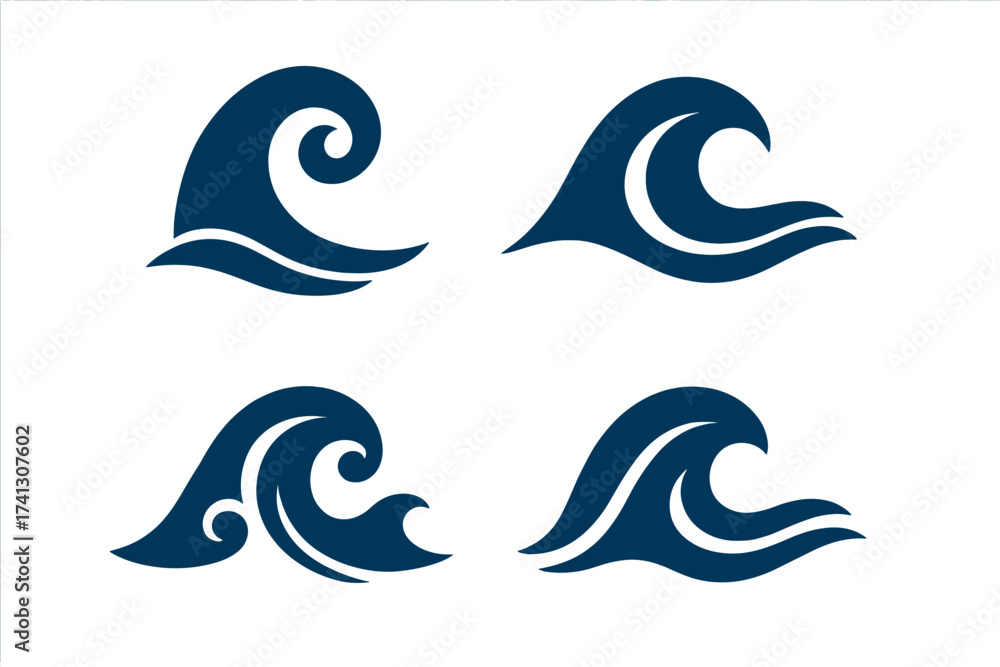 Fototapeta premium Ocean wave icon logo set, vector illustrations for sea, maritime, water sports, beach, surfing, ocean wave power, dynamic water movement, nautical symbols collection