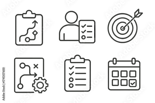Business strategy planning and checklist icons set. Vector outline illustration of goal setting, roadmap, task management, calendar scheduling, and project planning symbols.