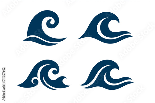 Ocean wave icon logo set, vector illustrations for sea, maritime, water sports, beach, surfing, ocean wave power, dynamic water movement, nautical symbols collection