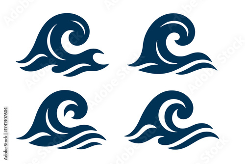 Set of Abstract Blue Wave Icon Logos, Vector Illustration for Sea, Ocean, Maritime, Water Sports, and Nautical Concepts with Transparent Background, Stylized Wave Design Elements