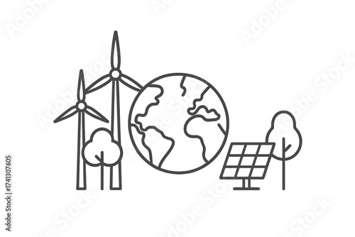 Minimal outline vector icon with planet Earth globe, wind turbines, solar panel and trees, renewable energy concepts, sustainable environment, green technology illustration