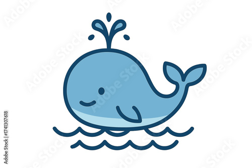 Cute Blue Whale Icon with Water Fountain Splash in the Ocean, Filled Thin Outline Vector Illustration, Cartoon Sea Animal with Transparent Background for Kids and Nature Themes