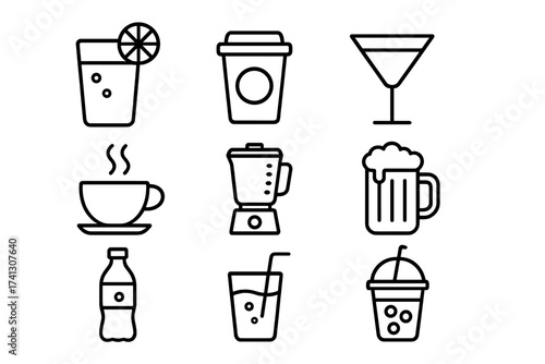 Set of vector drink icons with transparent background, including cocktail, coffee cup, beer mug, beverage bottle, smoothie, blender, and juice glass for versatile design usage