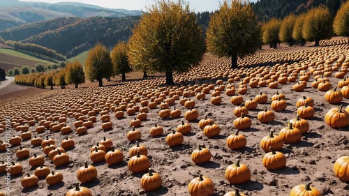 Countryside valley with vibrant pumpkin fields and hazelnut orchards spreading across autumn hillside