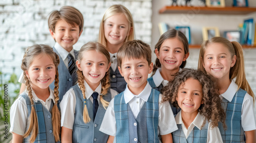 Happy students in uniform smiling together, symbolizing teamwork, friendship, and the bright future of education.