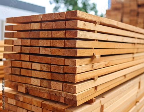Stacked wooden beams in a warehouse