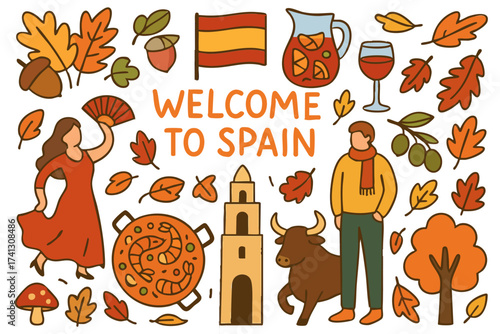 Flat Design Autumn Spain Culture Icon Set