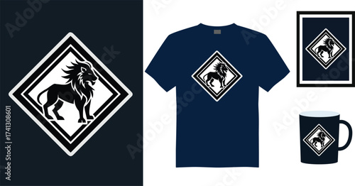 Tshirt mockup lion silhouette within a diamond emblem dark blue vector