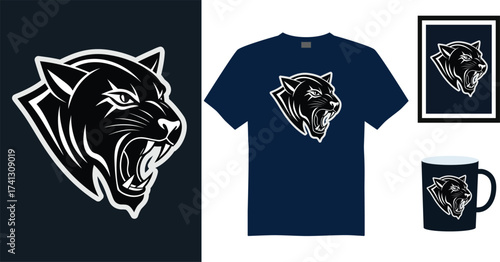 Tshirt mockup panther head roaring stylized graphic with outline dark blue animal