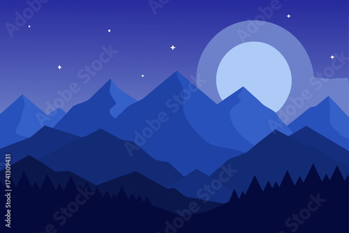 Night landscape with mountains moon and stars view