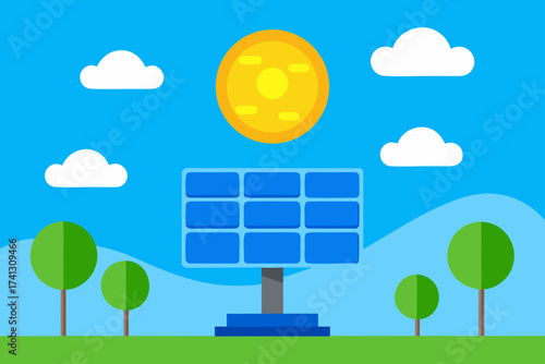 Illustration of solar panel with sun and clouds