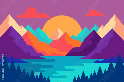 Colorful mountain range with sun and lake landscape