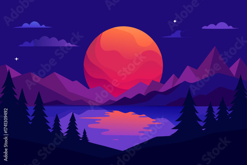 Illustration of a landscape with mountains and moon