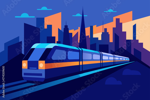 Modern train speeding through a stylized cityscape