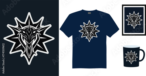Tshirt mockup tribal dragon head emblem with starburst product mockups vector