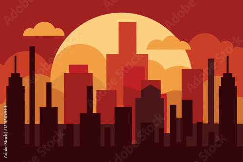 Silhouette of a city skyline at sunset or sunrise