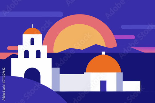 Illustration of a mission with sunset in the horizon