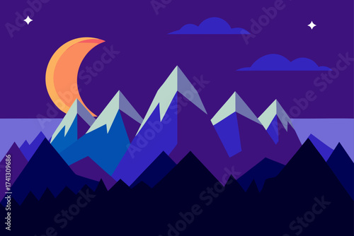 Night landscape with mountains and crescent moon