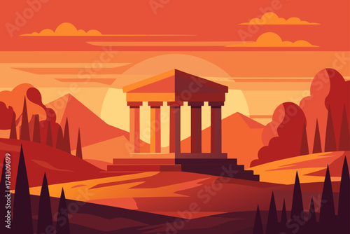 Temple landscape with sunset and mountain backdrop