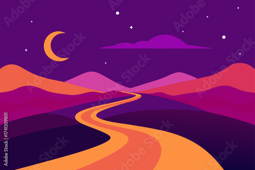 Illustration of a night landscape with moon and stars