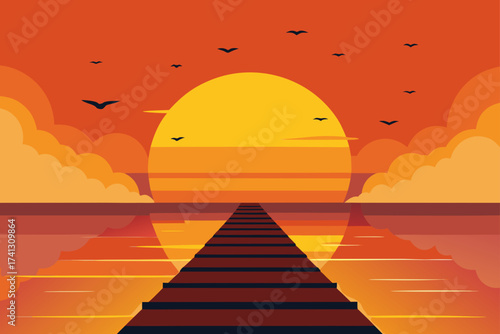 Sunset over water with birds and a path leading in