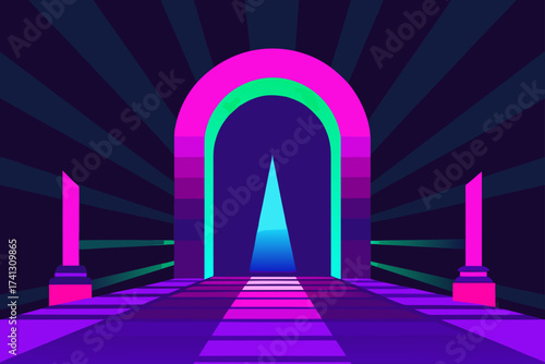 A vibrant archway with neon colors and a path ahead