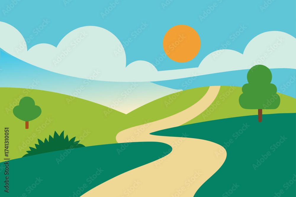 Fototapeta premium Cartoon landscape with path sun and rolling hills