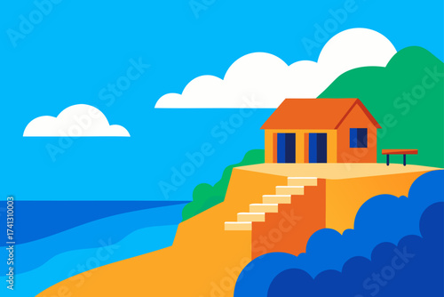 House on a cliff overlooking the sea with blue sky